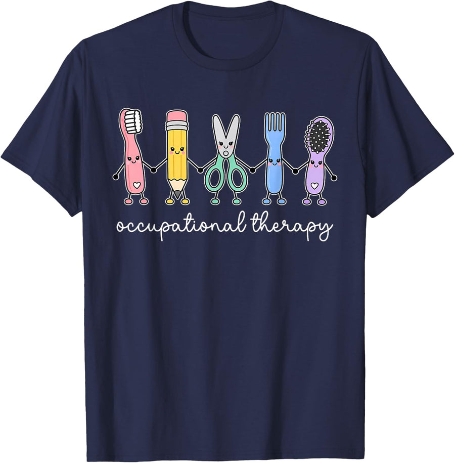 Occupational Therapy Doodle Cute OT OTA COTA ADLs Pediatric T-Shirt - Navy Blue