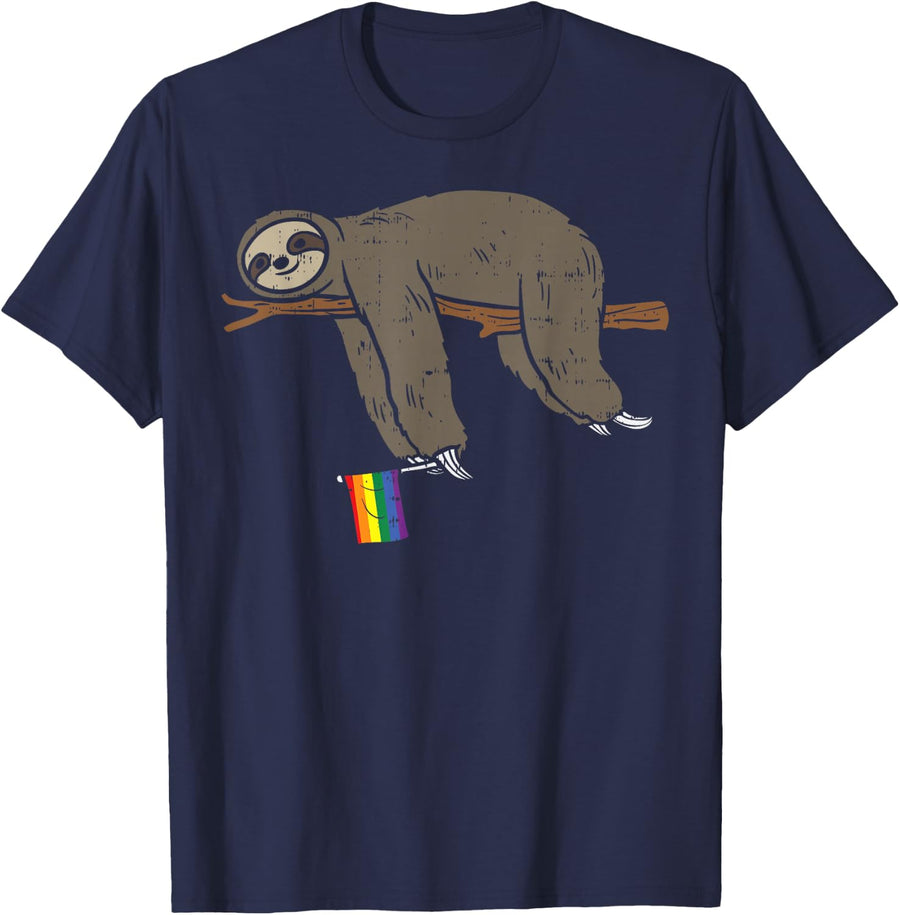 Lazy Sloth Rainbow Flag Gay Pride LGBT Animal Lover Gift T-Shirt - Navy Blue