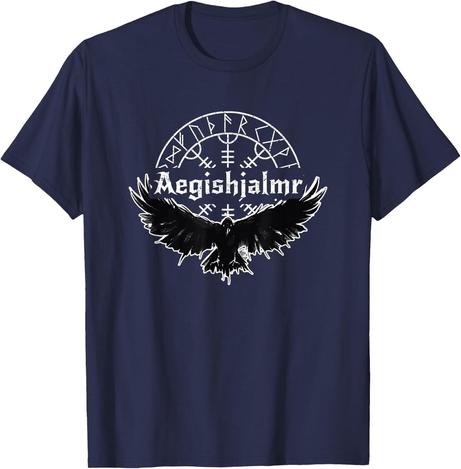 Helm of Awe Aegishjalmur Runes Raven Viking T-Shirt - Navy Blue