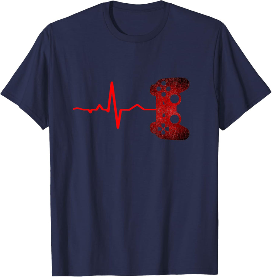 Gamer Heartbeat Video Games Gaming Boys Teens Men T-Shirt - Navy Blue