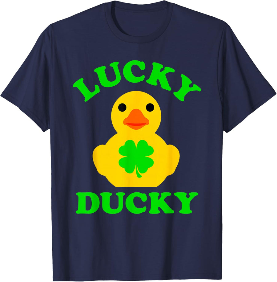 Funny Cute Yellow Rubber Duck Four Leaf Clover Lucky Ducky Tees T-Shirt - Navy Blue