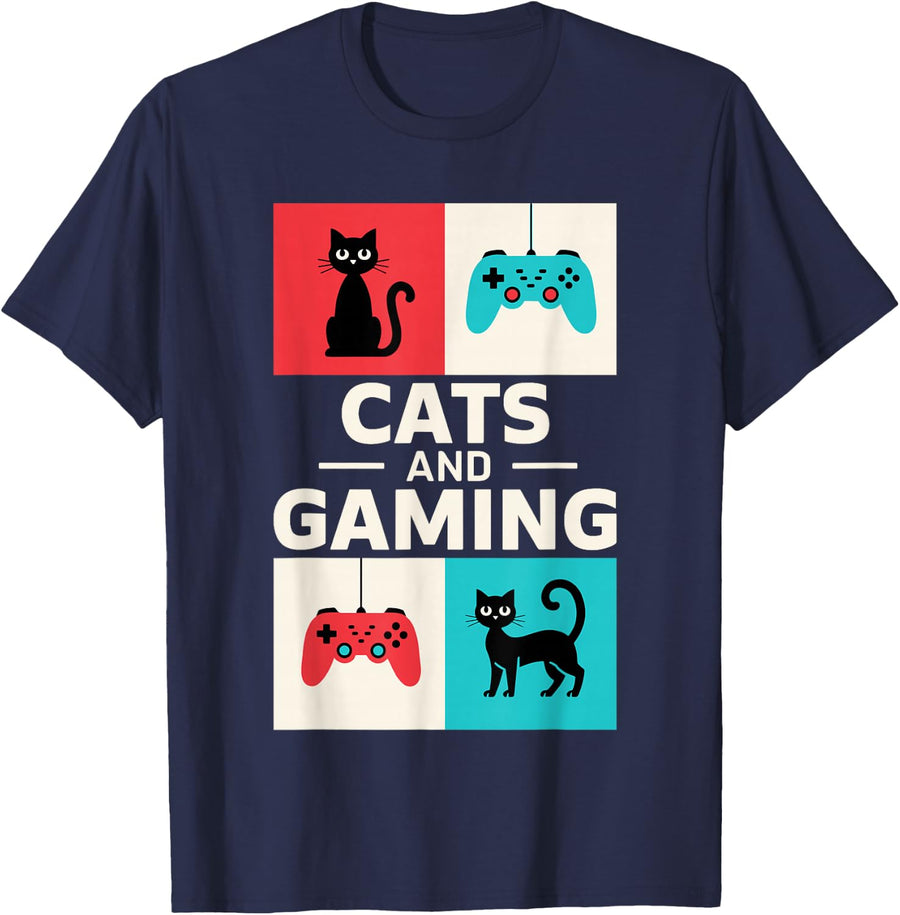 Cats And Gaming Shirt Men Women Kids Video Gamer Cat Lover T-Shirt - Navy Blue