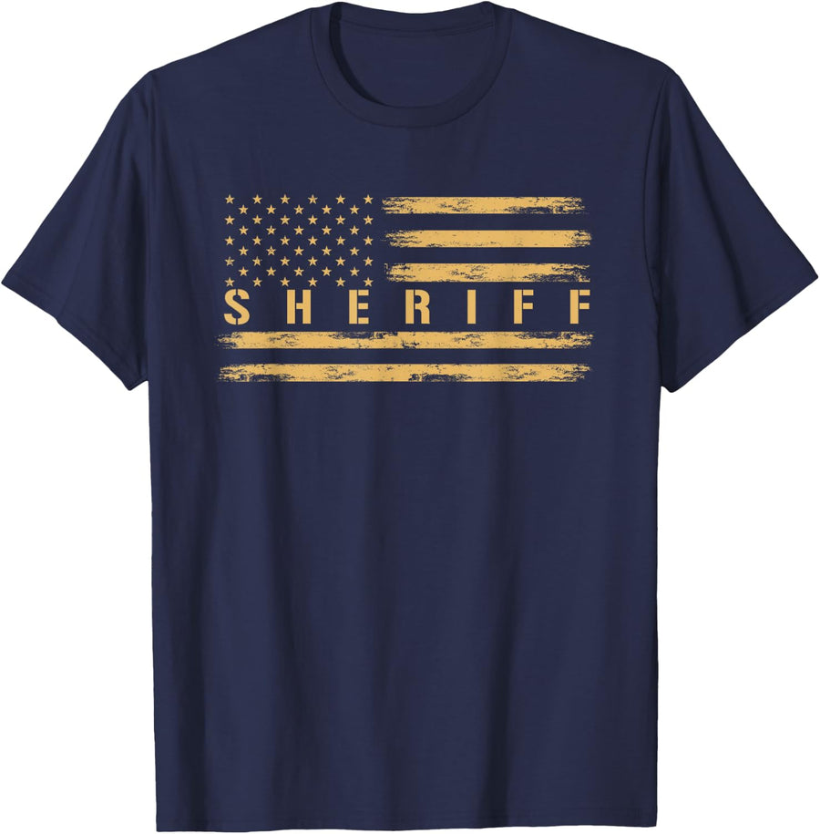 Sheriff Shirt USA American Flag Tee | Western Police Officer T-Shirt | Law Enforcement Tees - Navy Blue