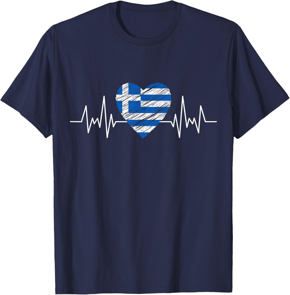 Greece Flag With Heartbeat Pride Grunge Greek Flag T-Shirt - Navy Blue