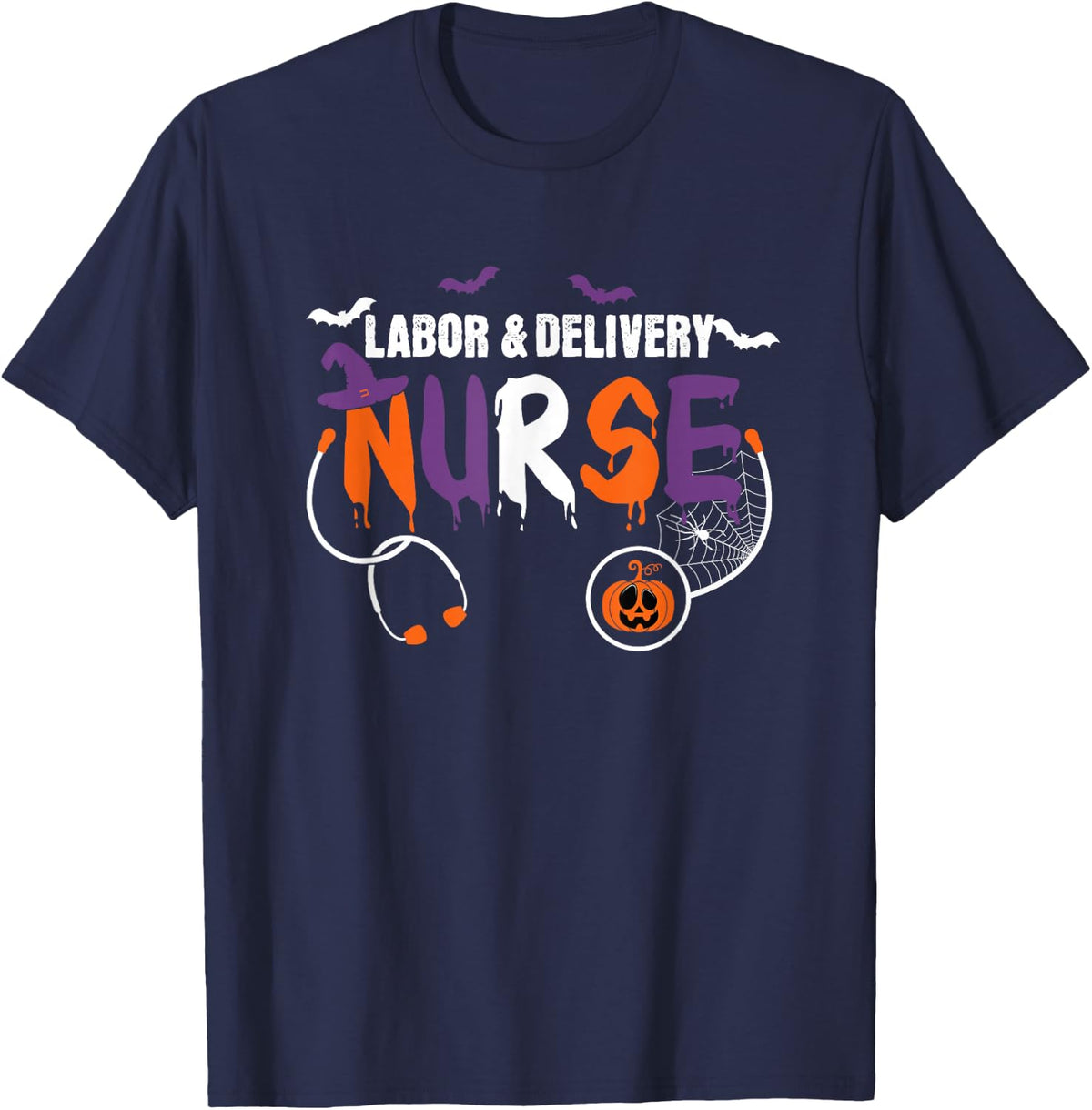 Labor and Delivery Nurse Halloween Stethoscope Pumpkin Women T-Shirt - Navy Blue