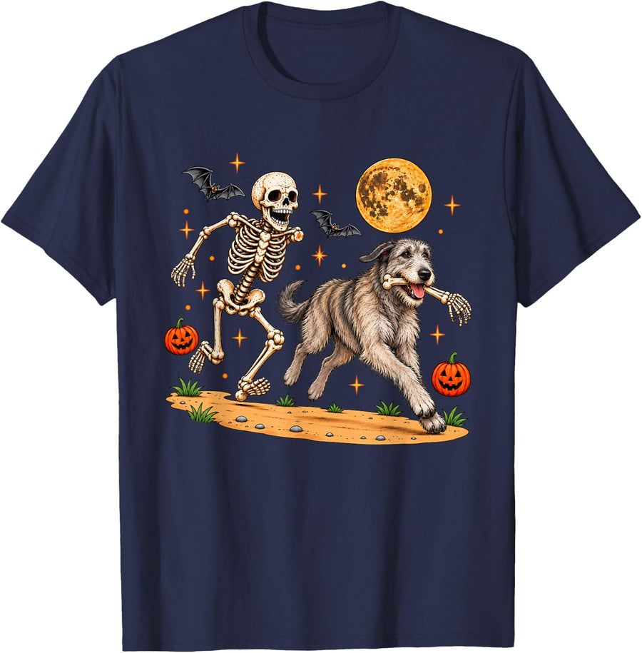 Funny Skeleton Chasing Irish Wolfhound Halloween Dog Mom Pet T-Shirt - Navy Blue