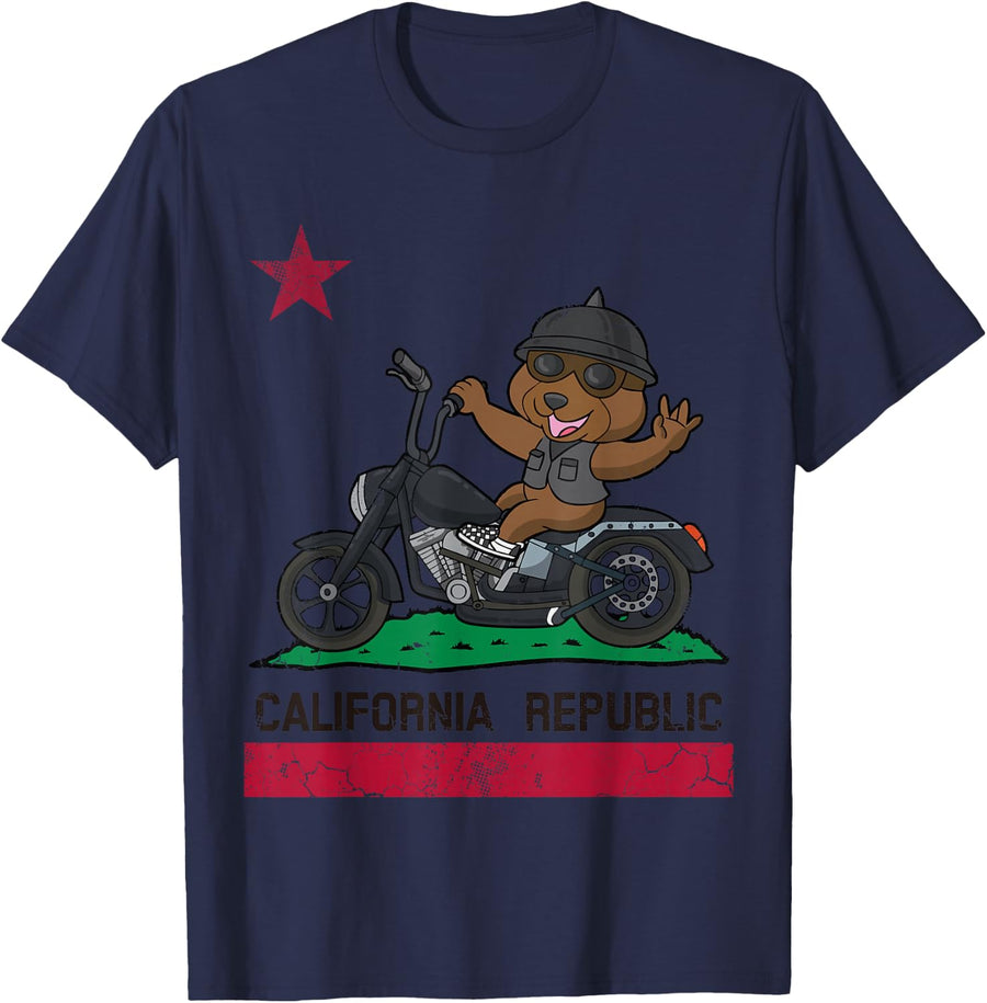 California Republic Flag Bear Biker Motorcycle T-Shirt - Navy Blue