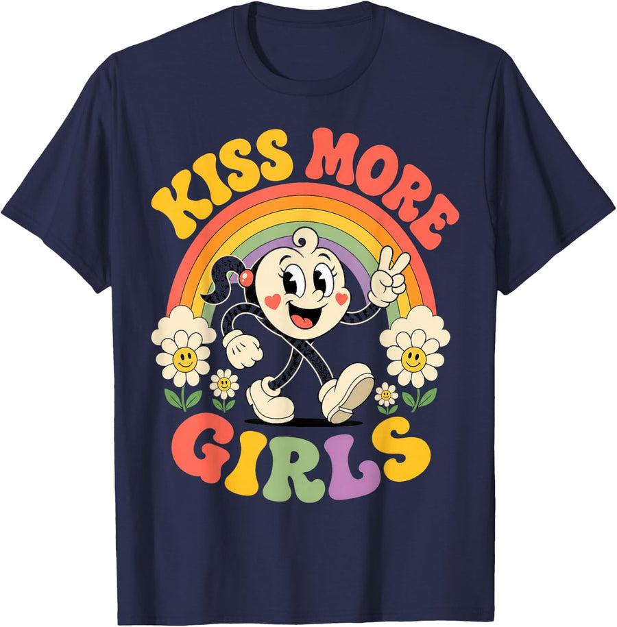 Kiss More Girls Lesbian Pride WLW Gift Women T-Shirt - Navy Blue