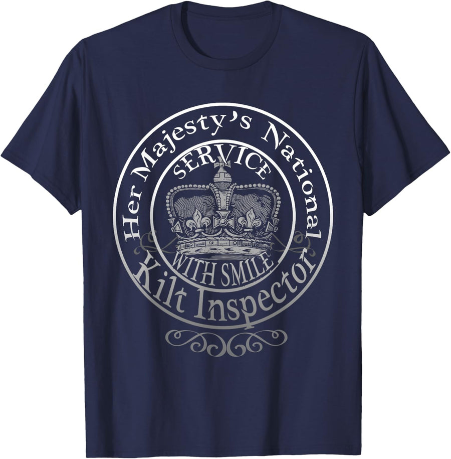 Funny Scottish Her Majesty's Kilt Inspector Gaelic Tartan T-Shirt - Navy Blue