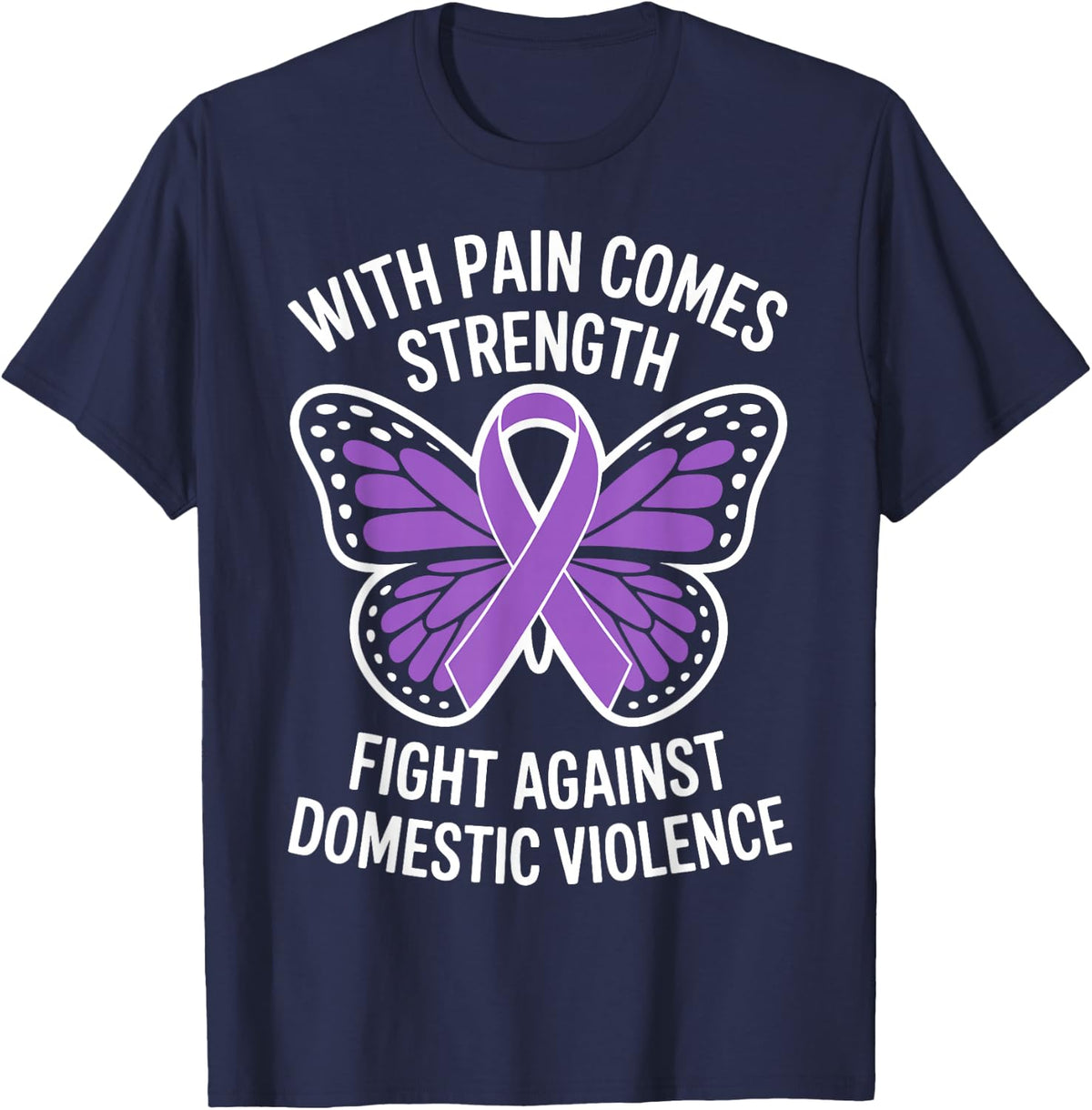 Butterfly Domestic Violence Awareness Month DV Purple Ribbon T-Shirt - Navy Blue