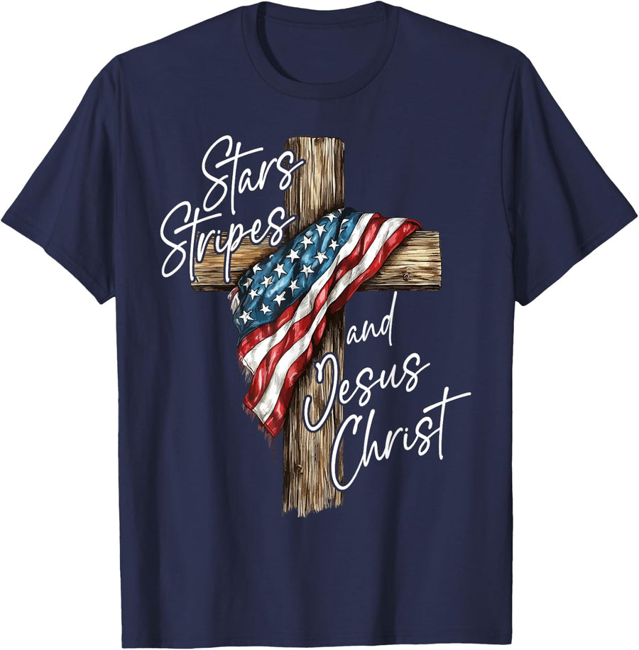 Stars Stripes and Jesus Christ Faith Patriot T-Shirt - Navy Blue