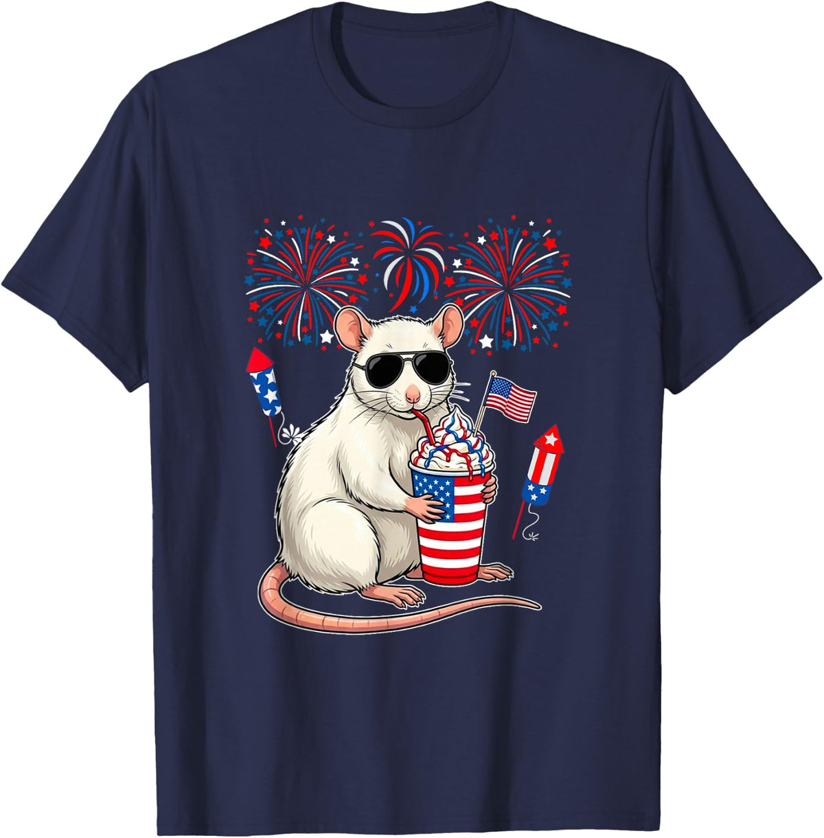 Rat Sunglasses Coffeee 4th of July US Flag Fireworks T-Shirt - Navy Blue