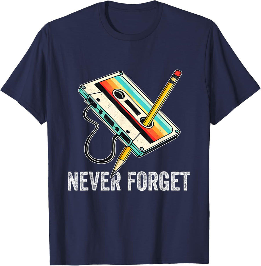 Never Forget Cassette Tape and Pencil Retro 80s 90s Music T-Shirt - Navy Blue