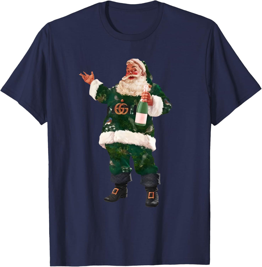 Retro Santa Claus Champagne Christmas Drinking Party Xmas T-Shirt - Navy Blue