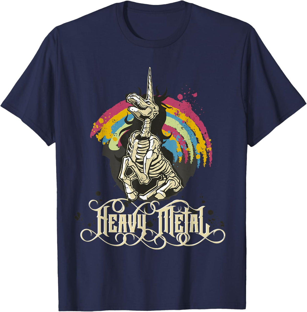 Death Metal Unicorn Heavy Metal Hard Rock T-Shirt - Navy Blue