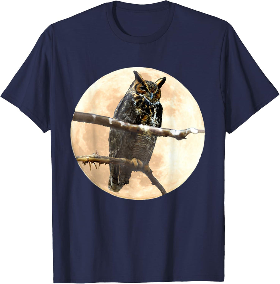Great Horned Owl & Moon T-Shirt - Navy Blue