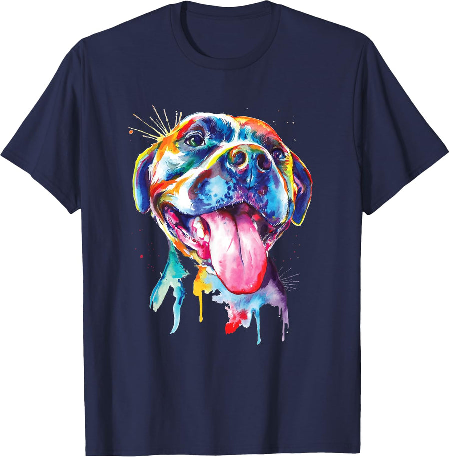 Pitbull Artistic Splash Art Animal Colourful Dog Breed Gift T-Shirt - Navy Blue