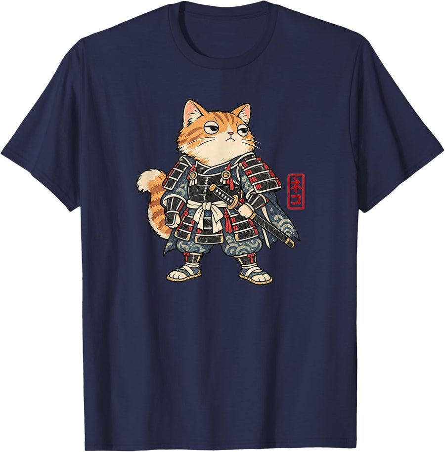 Neko Samurai Orange Tabby Cat Japanese Warrior Vintage Art T-Shirt - Navy Blue