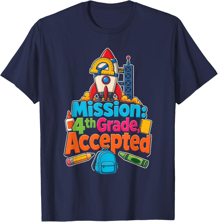 4th Grade Mission Accepted Rocket Elementary School T-Shirt - Navy Blue