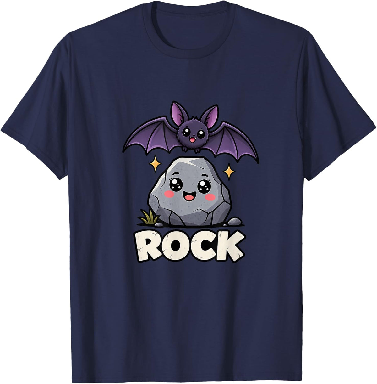 Cute Bat Over Smiling Rock T-Shirt - Navy Blue