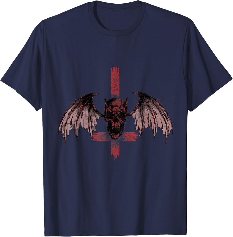 Death Metal Goth Devil Skull and Bat Gothic T-Shirt - Navy Blue