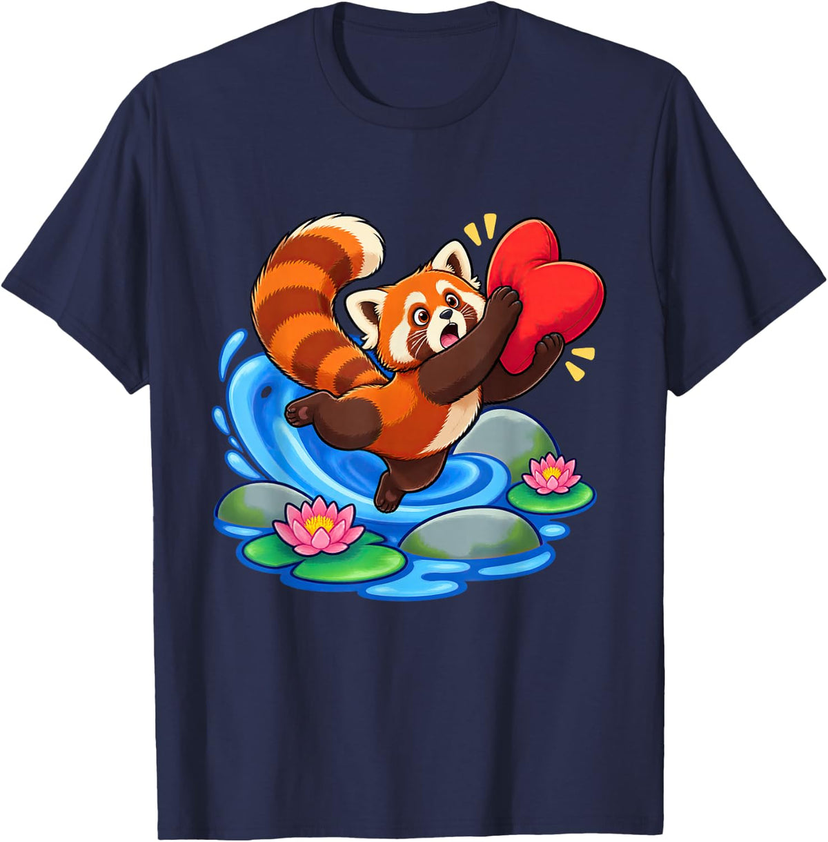 Red Panda Catches Falling Heart Cushion with Both Forelimbs T-Shirt - Navy Blue