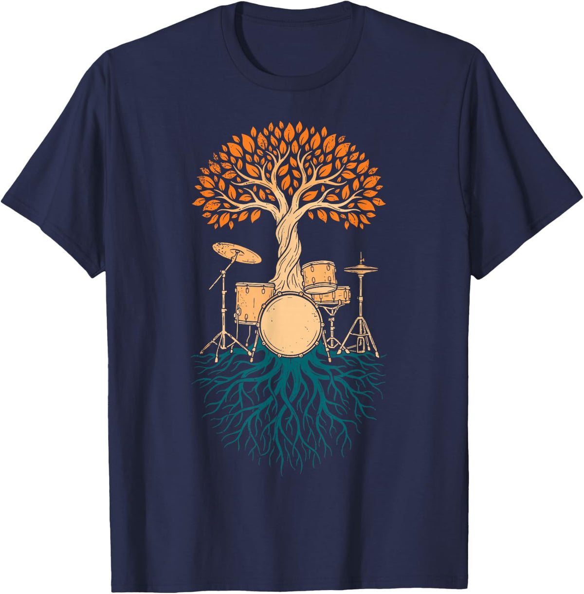Vintage Tree Drummer Drums Set Drumming Tee Musician Rock T-Shirt - Navy Blue