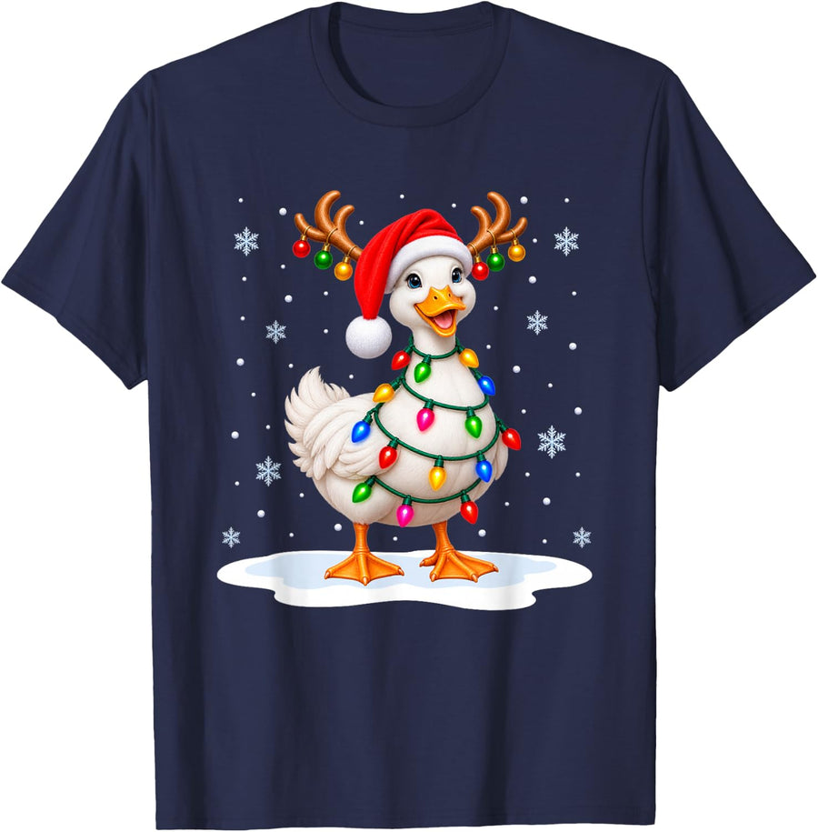 Duck Christmas Tree Lights Xmas Bird Lover T-Shirt - Navy Blue