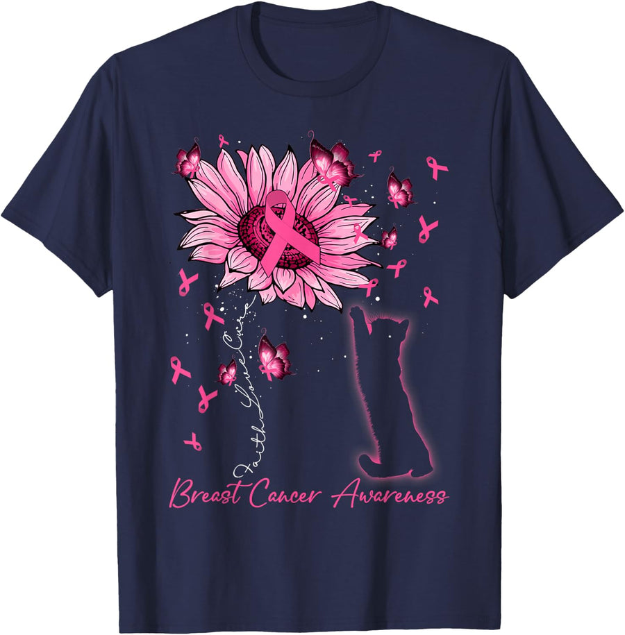 Faith Love Cure Breast Cancer Black Cat & Sunflower Women T-Shirt - Navy Blue