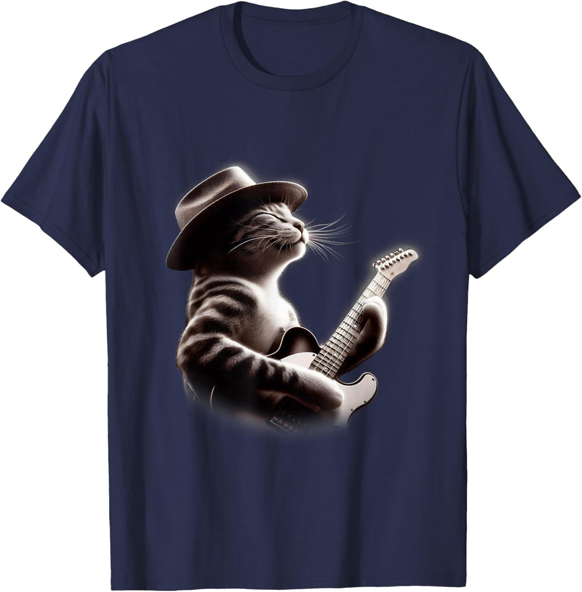 Cat Playing Guitar - Funny Rock Music Guitar Cat T-Shirt for Men Women Kids - Navy Blue