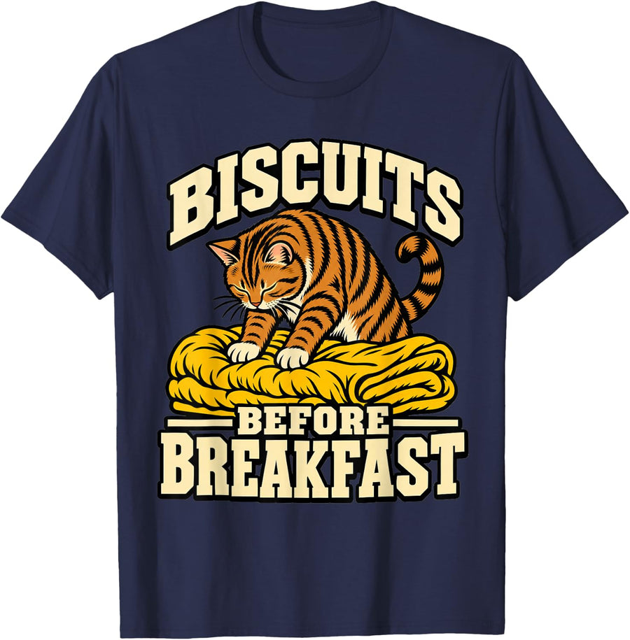 Tabby Cat Biscuits Before Breakfast Paws Lover Funny T-Shirt - Navy Blue