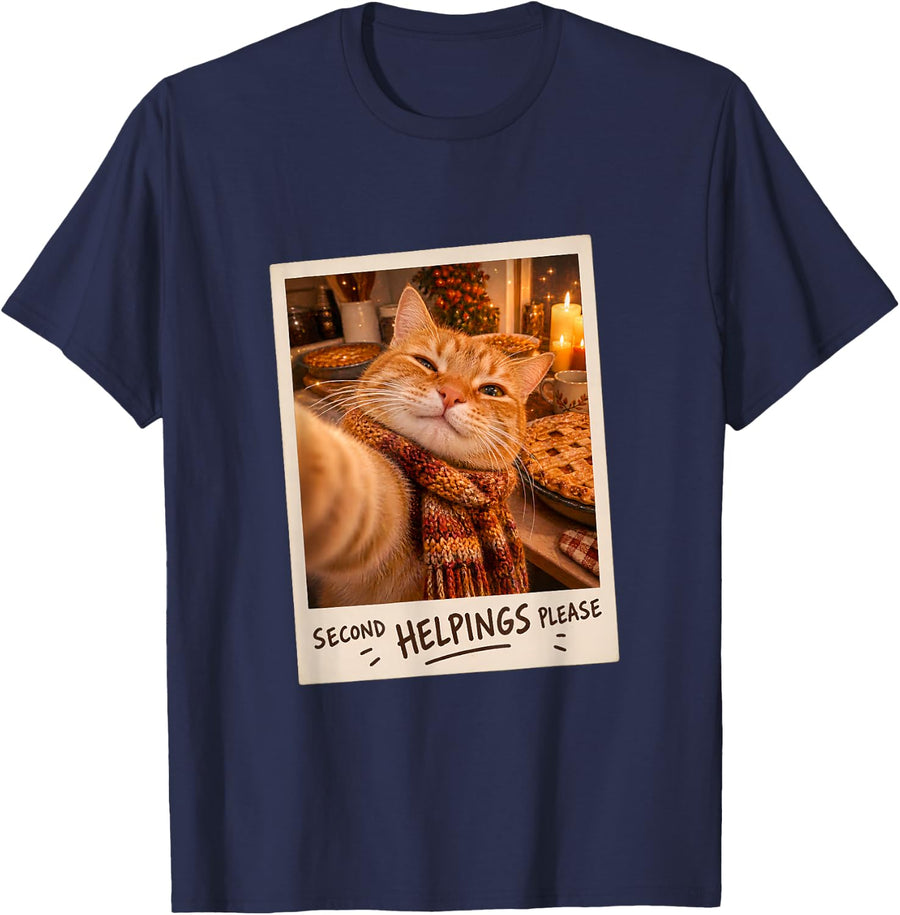 Second Helpings Please Orange Tabby Cat Selfie Funny T-Shirt - Navy Blue