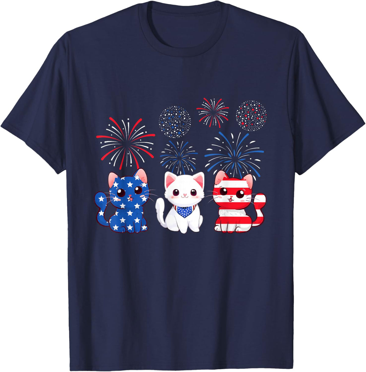 Cute Cat USA Flag 4th Of July Patriotic Cat Kitten Lover T-Shirt - Navy Blue