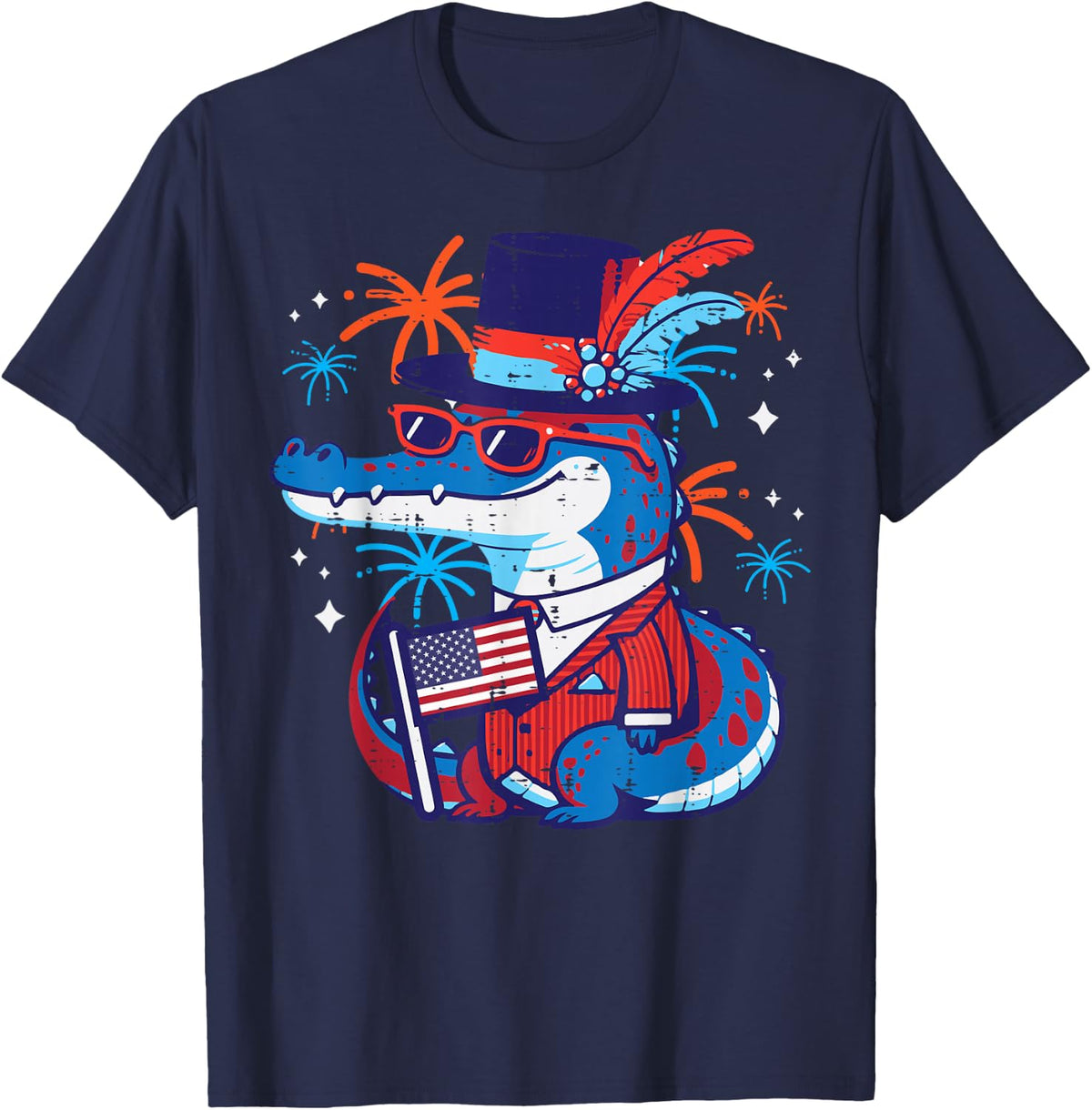 4th Of July Crocodile Funny Alligator Patriot Men Women Kids T-Shirt - Navy Blue