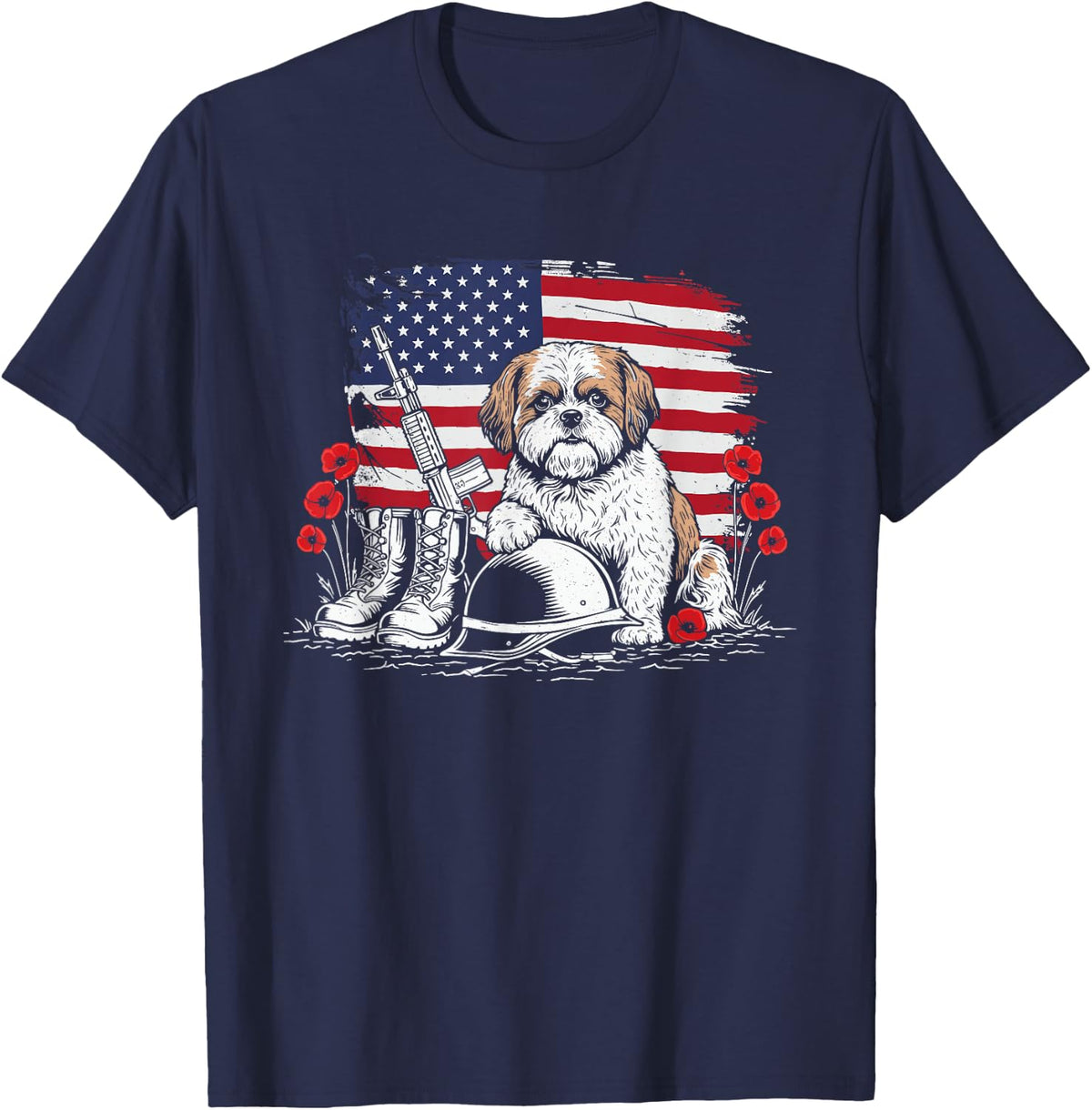 Retro Shih Tzu American USA Flag Memorial Day 4th of July T-Shirt - Navy Blue
