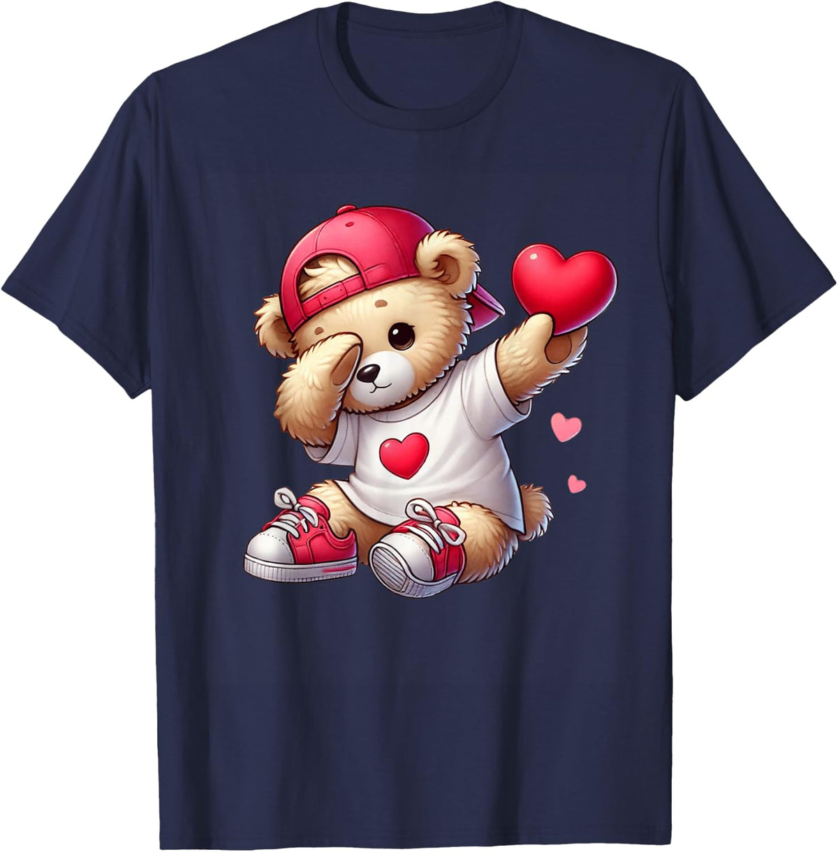 Cute Valentines Day Teddy Bear Heart Dabbing Boys Girls Kids T-Shirt - Navy Blue
