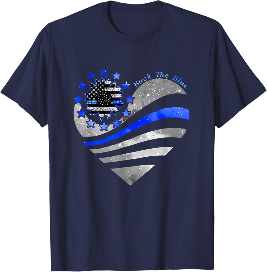 Sunflower Thin Blue Line Police Heart Back The Blue Law Enfo T-Shirt - Navy Blue