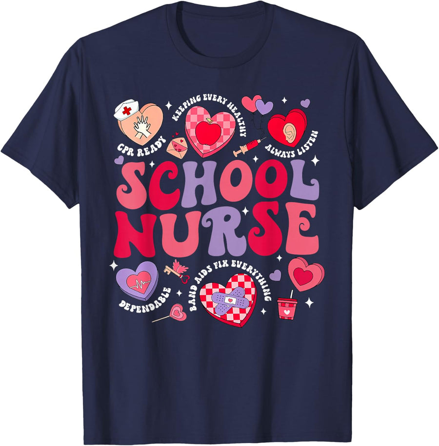 Retro School Nurse Valentines Day Nursing Medical Student T-Shirt - Navy Blue