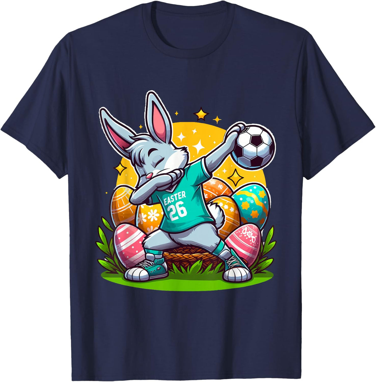 Easter Bunny player dabbing with Soccer Ball easter day kids T-Shirt - Navy Blue