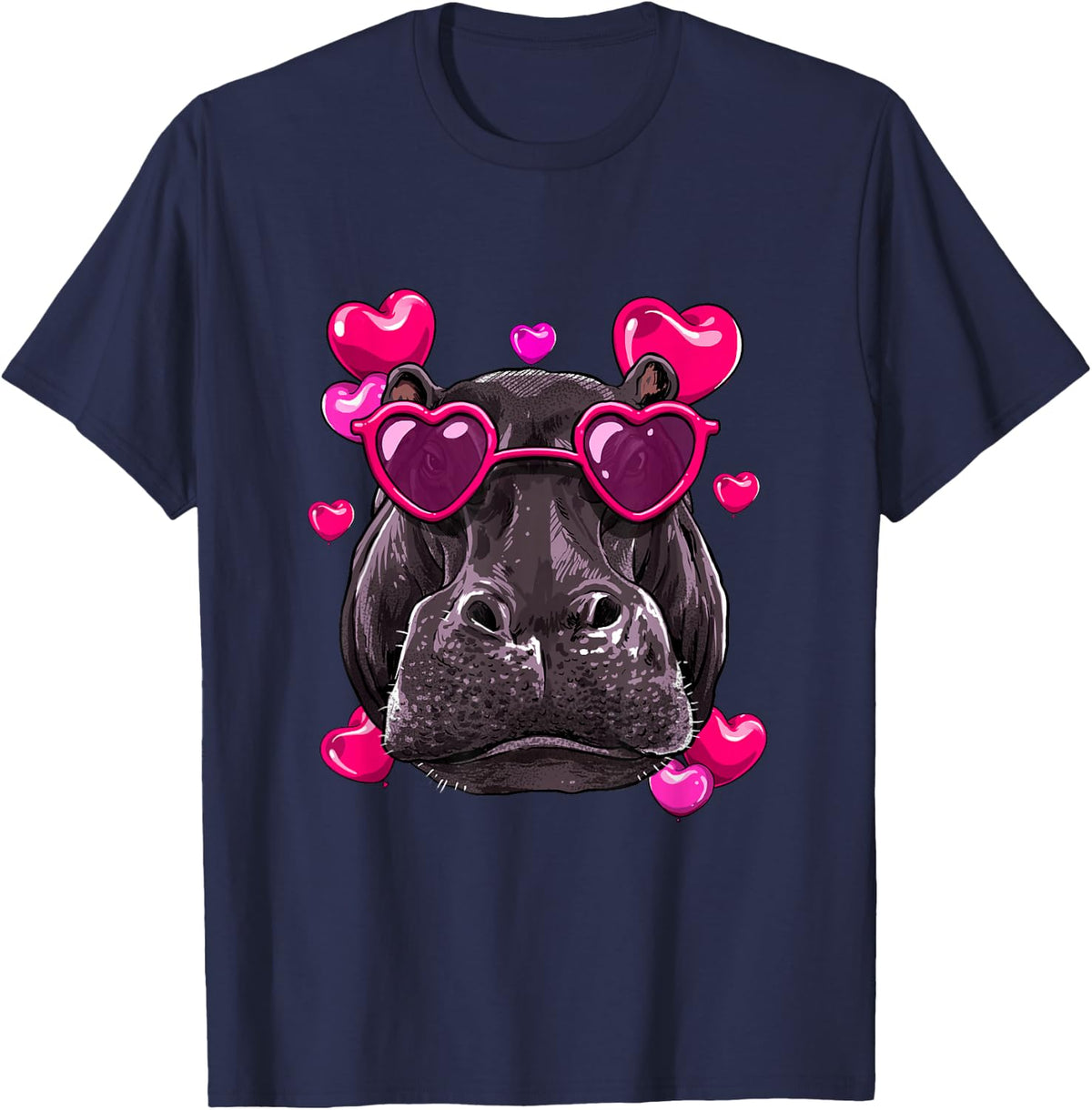 Valentines Hippo Shirt Cute Hippopotamus Hearts Animal Face T-Shirt - Navy Blue