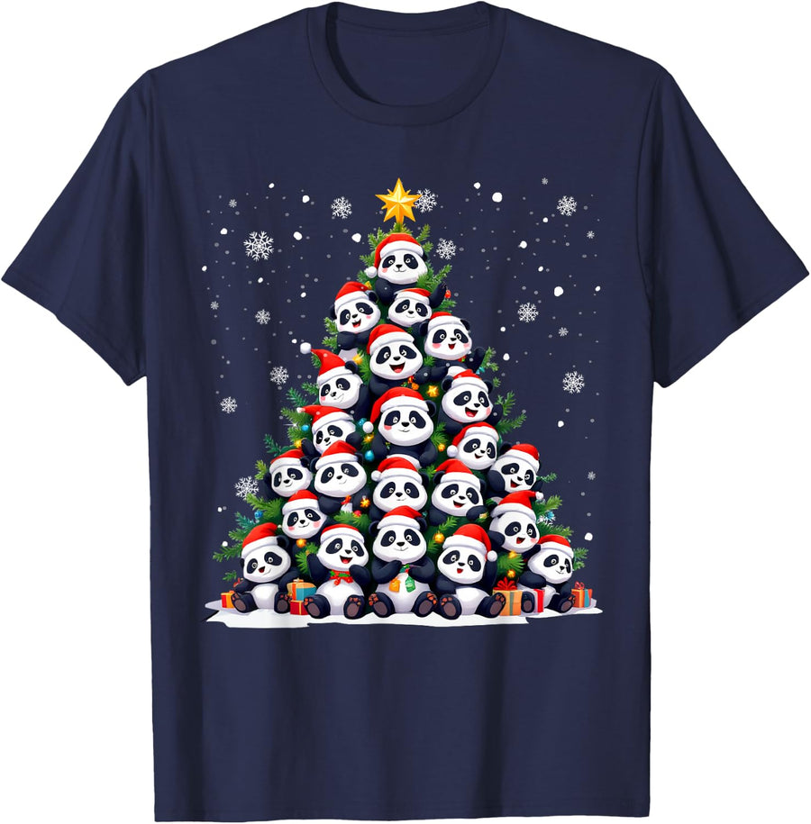 Funny Christmas Tree Panda Family Xmas Pajamas T-Shirt - Navy Blue