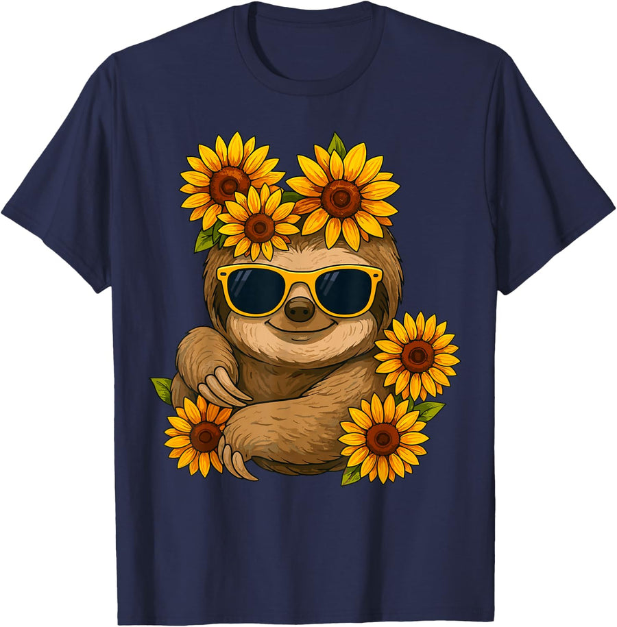 Sloth with Sunflowers T-Shirt - Navy Blue