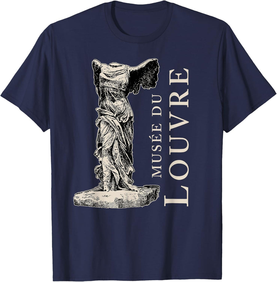 The Louvre Museum Paris France Winged Victory T-Shirt - Navy Blue