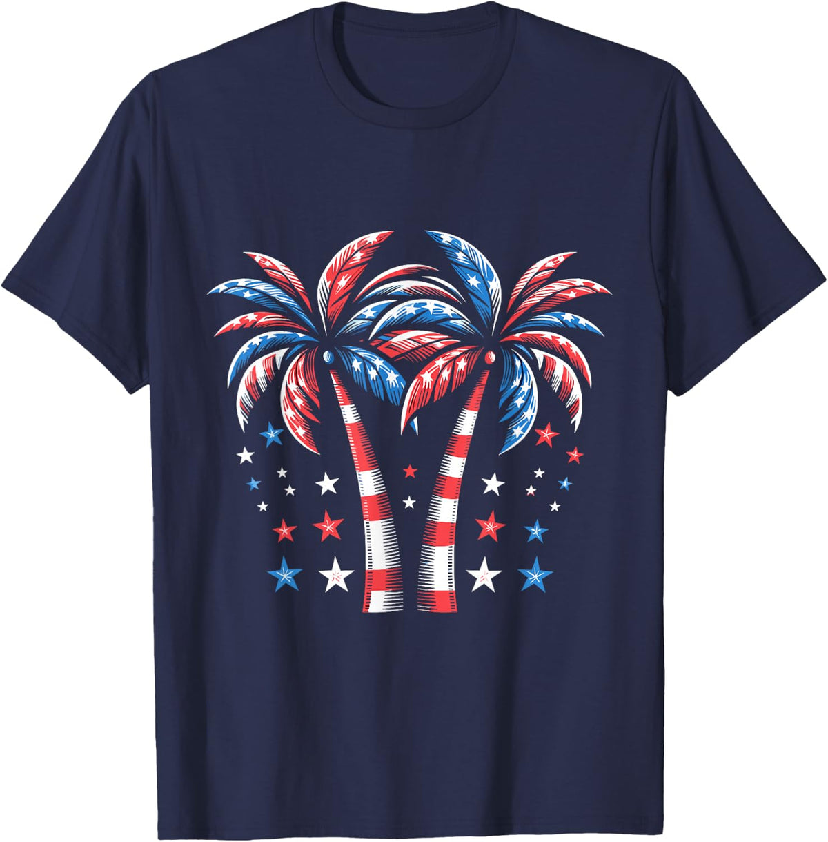 Patriotic American Palm Trees USA Flag Summer 4th of July T-Shirt - Navy Blue
