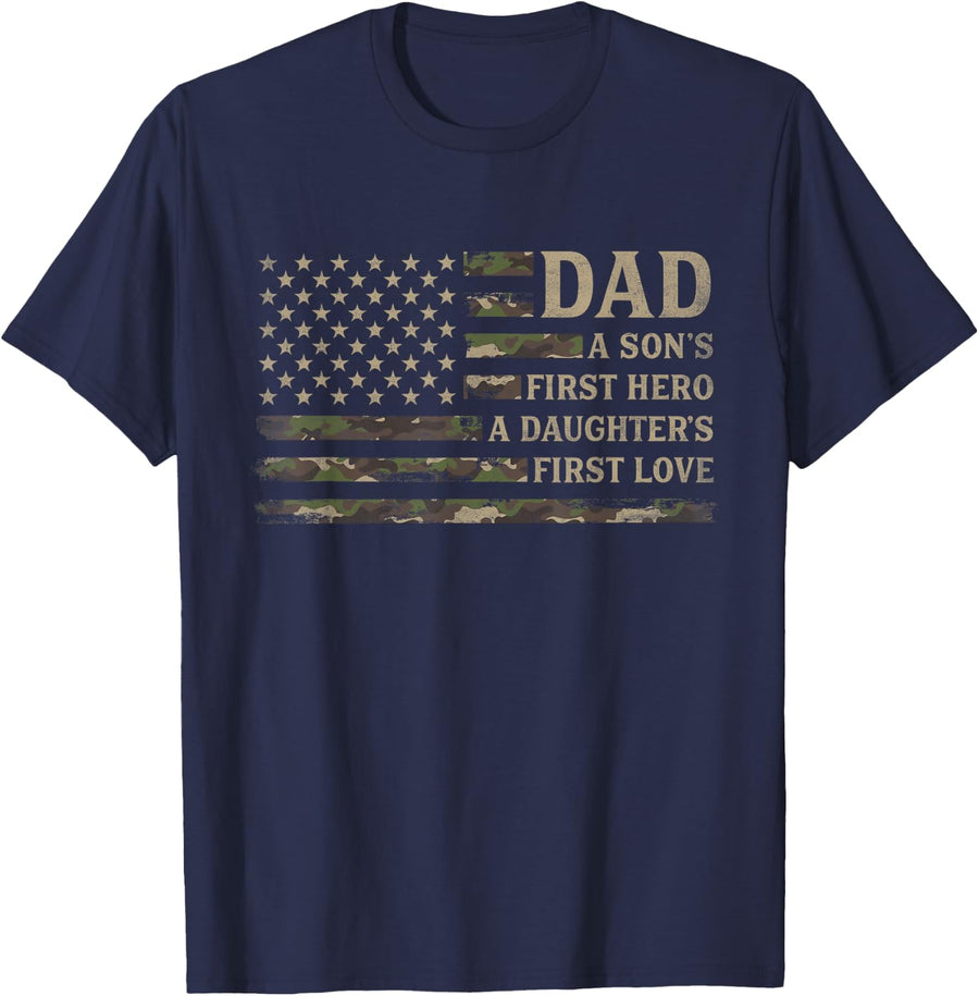Dad Sons First Hero Daughters First Love Father's Day Camo T-Shirt - Navy Blue