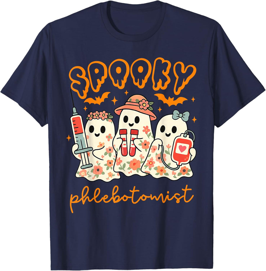 Spooky Phlebotomist Cute Ghost Phlebotomy Tech Halloween Tee T-Shirt - Navy Blue