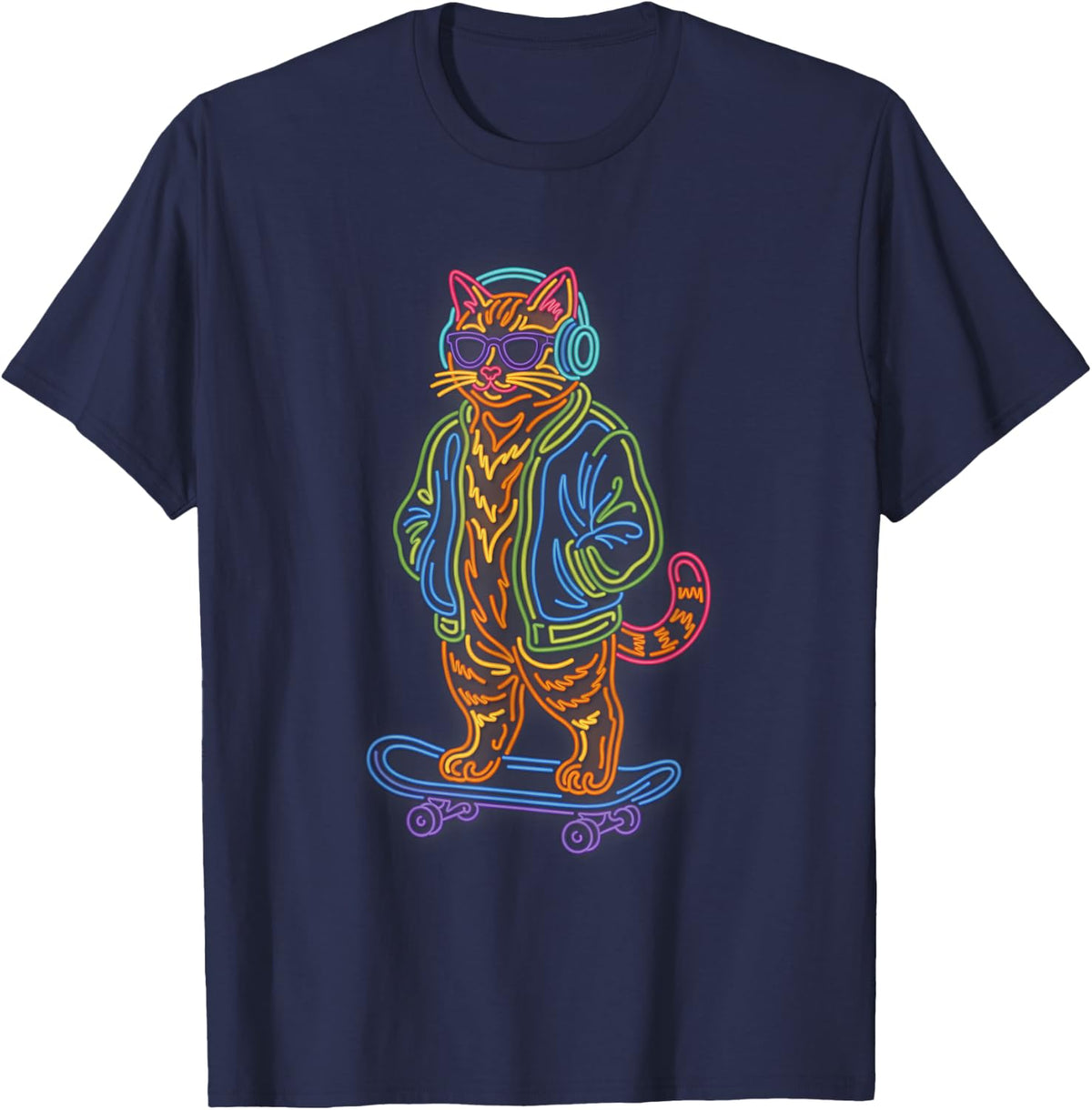 Cool Skateboarding Cat Orange Tabby Headphones Sunglasses T-Shirt - Navy Blue