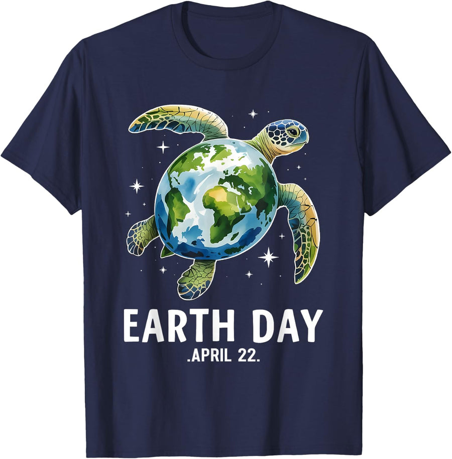 Earth Day Sea Turtle Globe April 22 Eco Awareness T-Shirt - Navy Blue