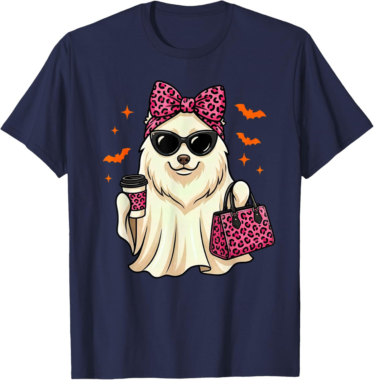 Funny Samoyed Dog Ghost Leopard Halloween Womens Girls Kids T-Shirt - Navy Blue