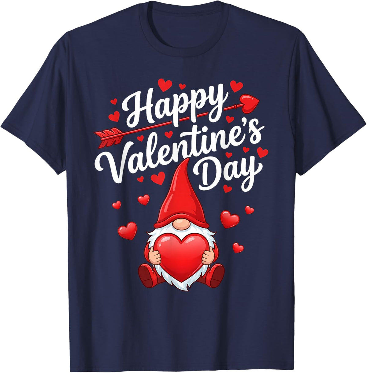Happy Valentines Day Gnome Red Hearts Love Women Girls T-Shirt - Navy Blue
